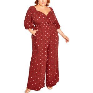 NWT City Chic Womens Red Woven Polka Dot Wide Leg Jumpsuit Plus